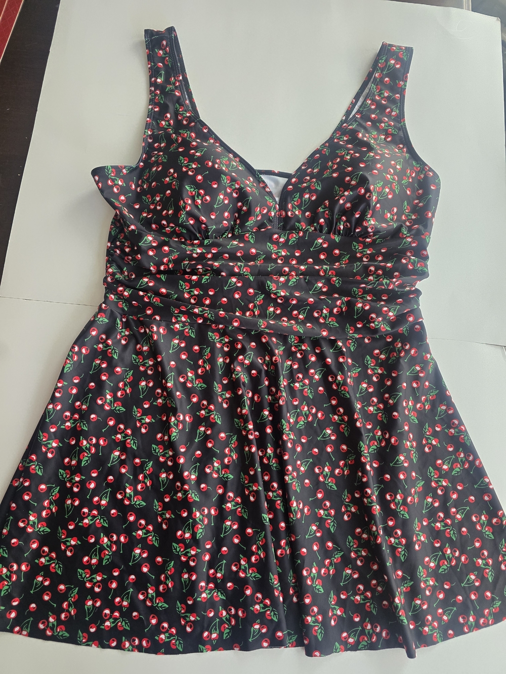 Black Cherry Print Swim Dress with Red Cherry Pattern